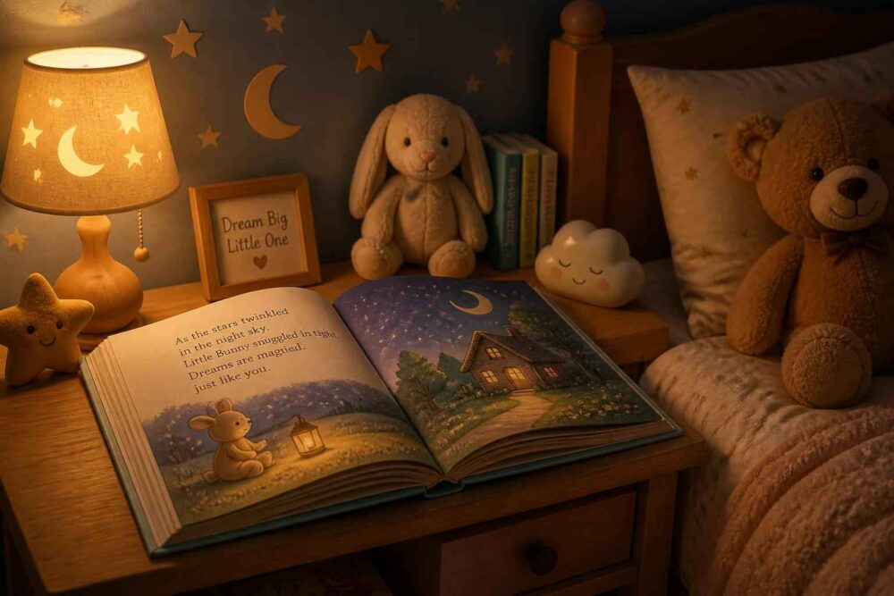 Bajka otwarta na stoliku w przytulnym pokoju Otwarta książka z bajką, pluszowy królik i miś przy lampce nocnej obok dziecięcego łóżka