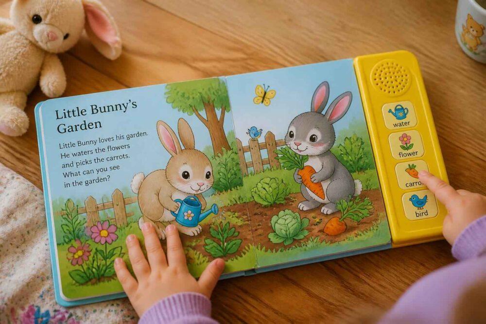 Dziecko ogląda książeczkę z ilustracjami króliczków w ogrodzie i kolorowymi przyciskami dźwiękowymi