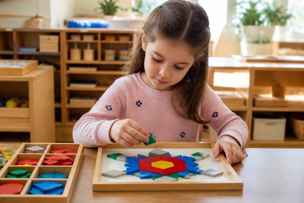 Dziewczynka układa kolorową mozaikę z geometrycznych elementów na drewnianej tacy edukacyjnej