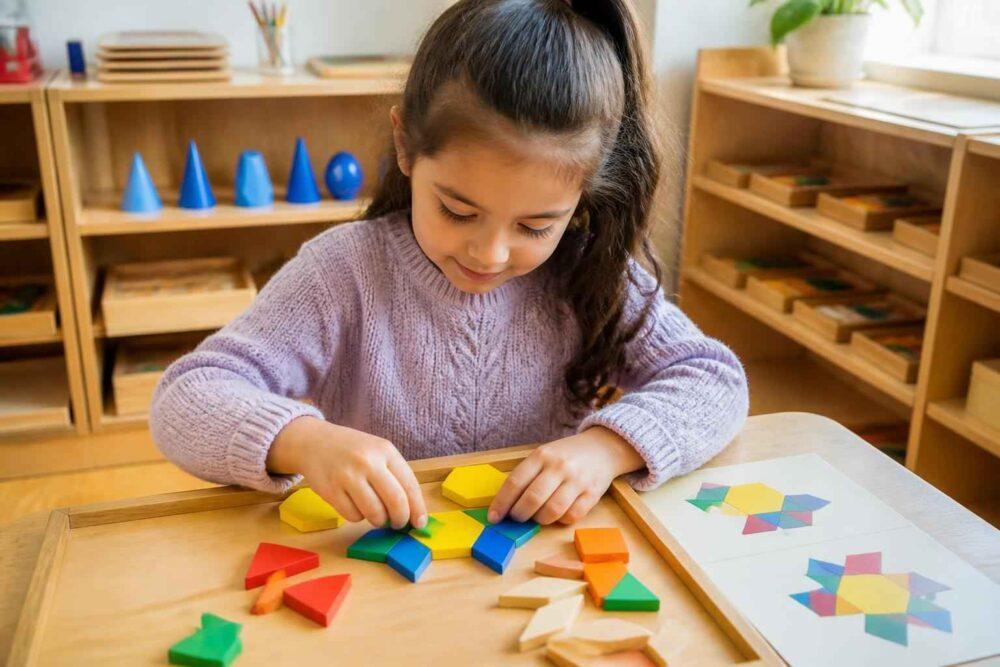 Dziewczynka układa kolorowe figury geometryczne przy stoliku w sali Montessori