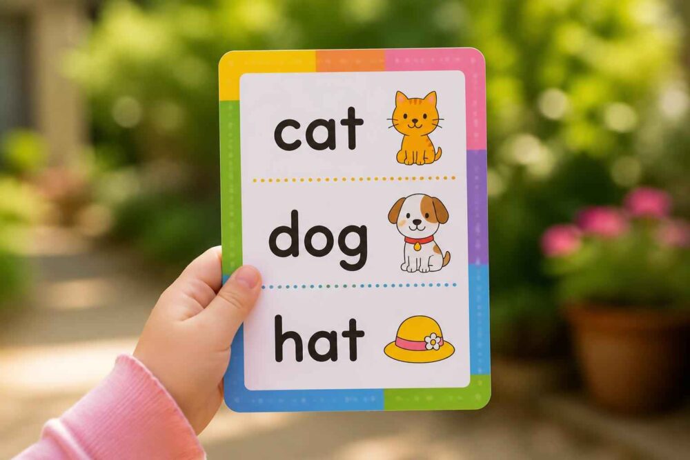 Dłoń trzyma kartę z angielskimi słowami cat, dog i hat oraz ilustracjami zwierząt i kapelusza