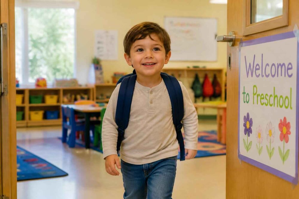 Uśmiechnięty chłopiec z plecakiem wchodzi do sali przedszkolnej z napisem Welcome to Preschool.